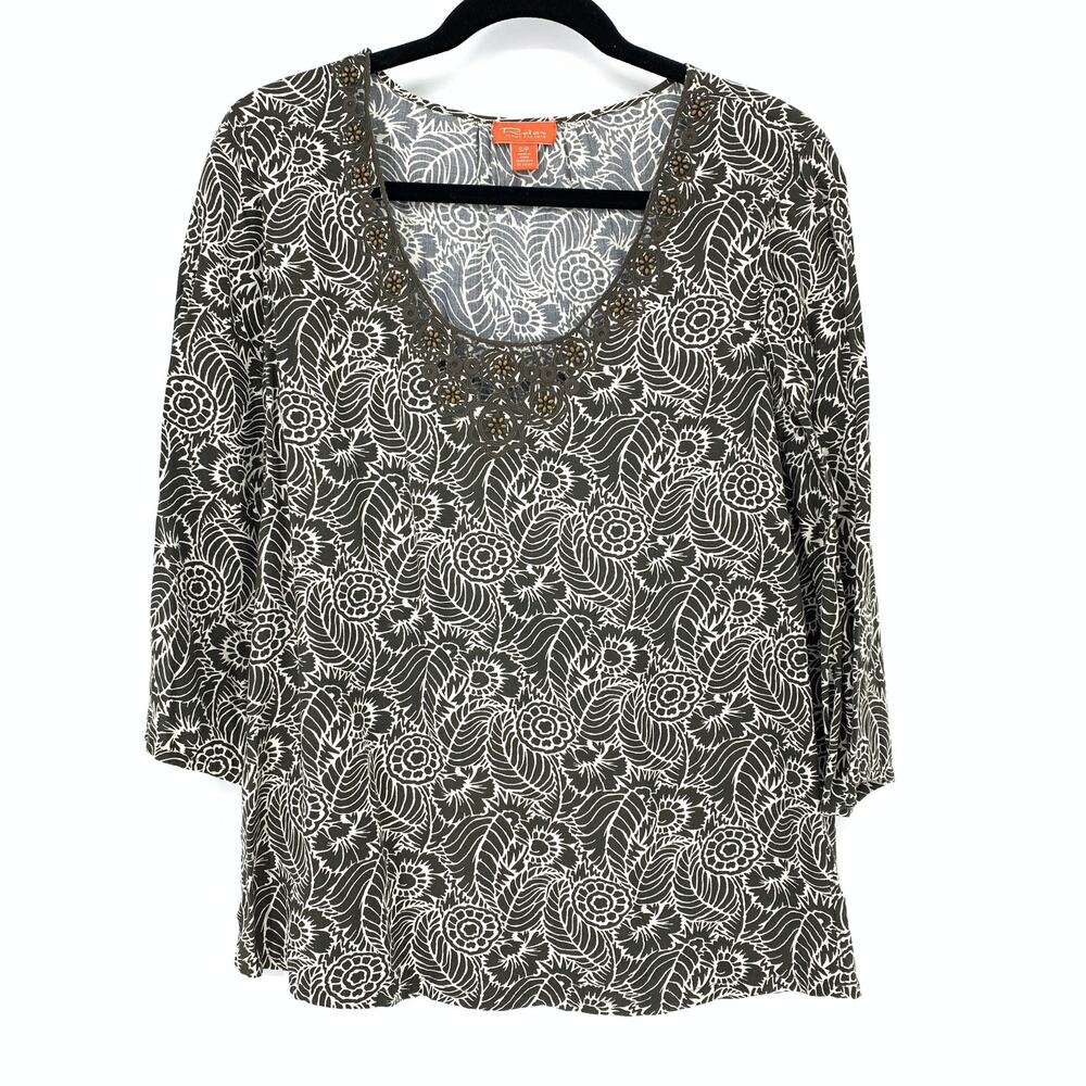Tommy Bahama Women's Size Small 3/4 Sleeve Embellished Lace Trim Top Olive Green